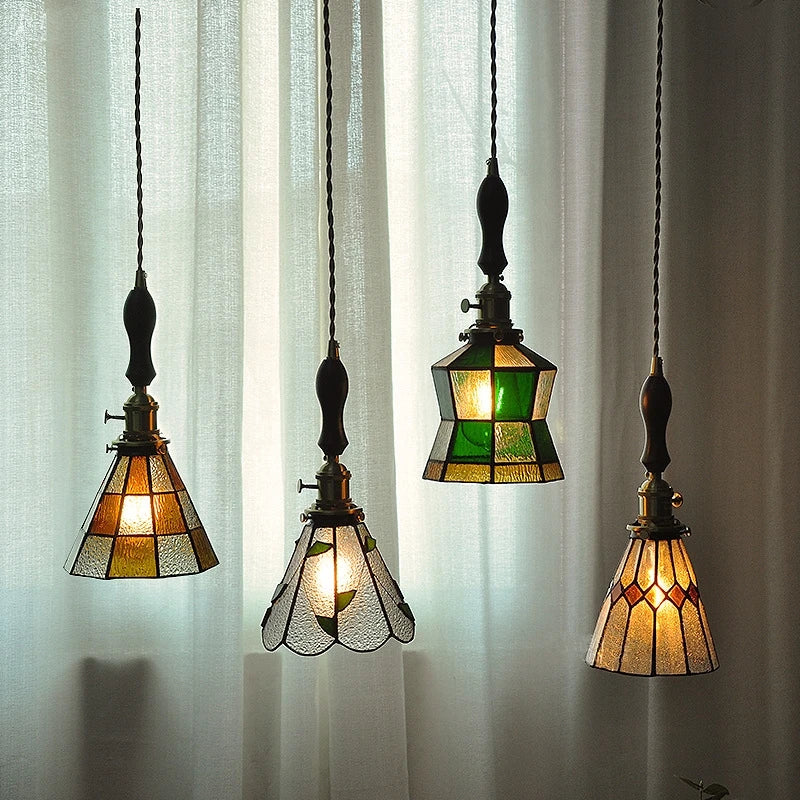 Small Nordic copper chandelier with coloured glass