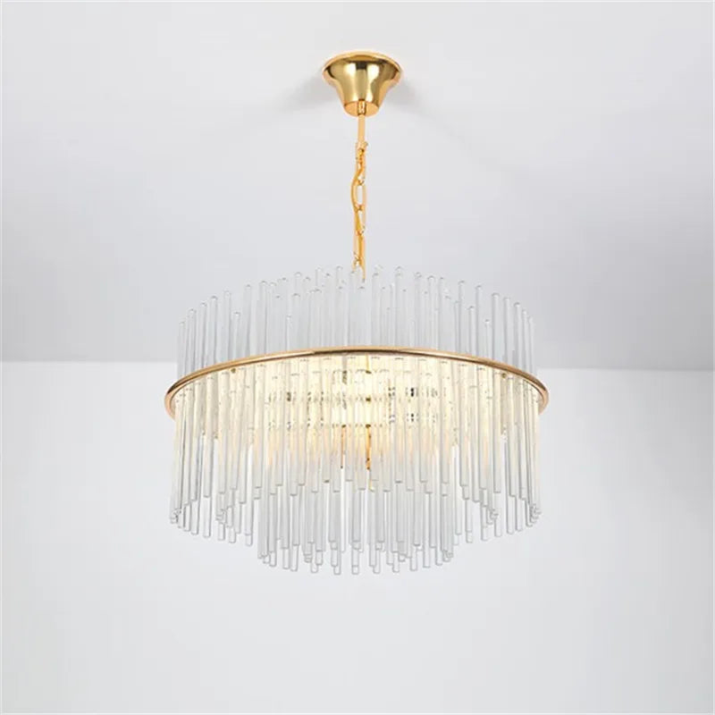 lustre en cristal design nordique tige en verre métal doré