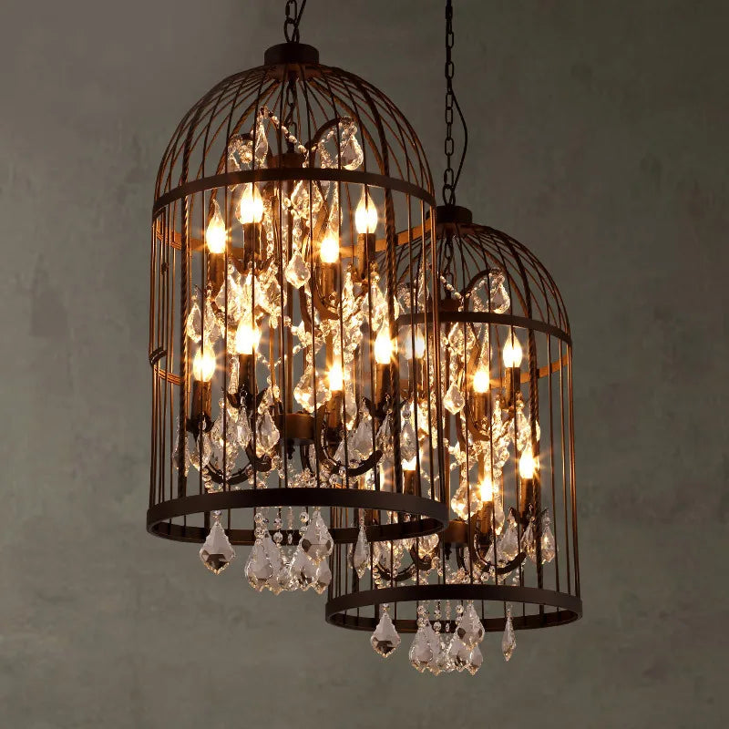 American vintage iron chandelier with birdcage and crystals