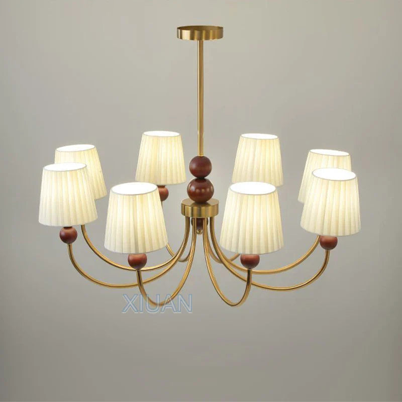 lustre led vintage américain en tissu plissé et bois wabi-sabi