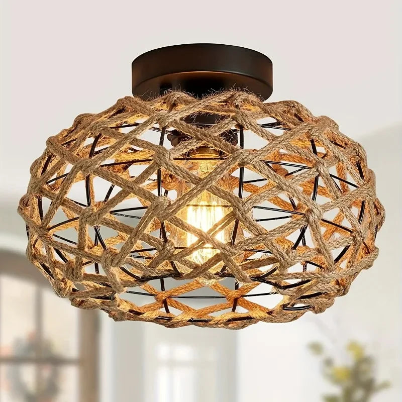 Semi-Flush Mount Rattan Woven Ceiling Light - Woven Basket Metal Design for Kitchen, Living Room, Bedroom, Cafe, Bar, Farmhouse Decor