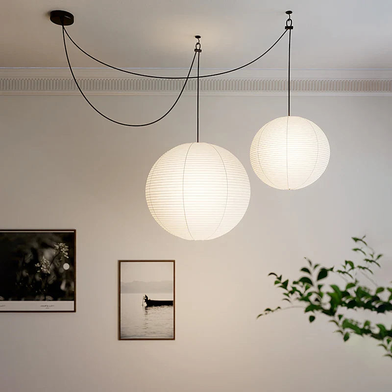 Nordic Wabi Sabi style round LED rice paper chandelier