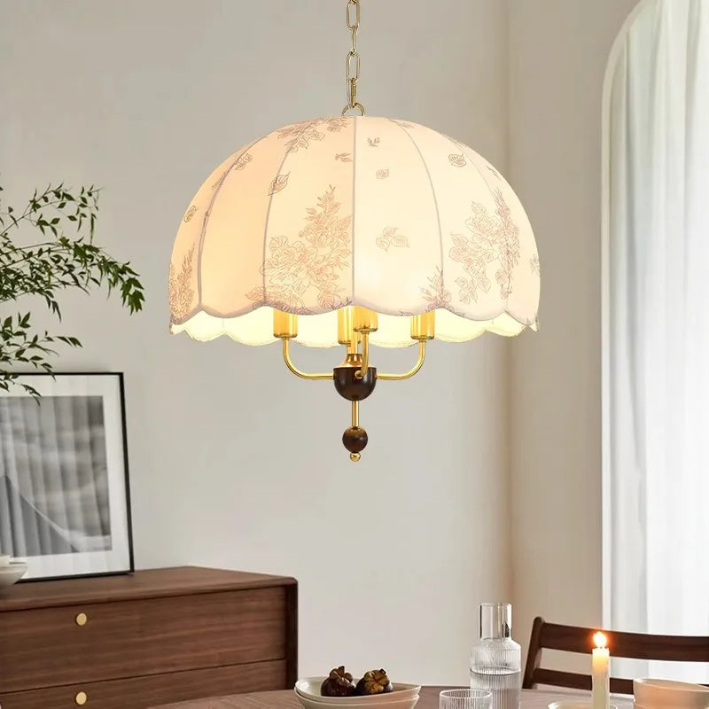 vintage French medieval wood and fabric chandelier