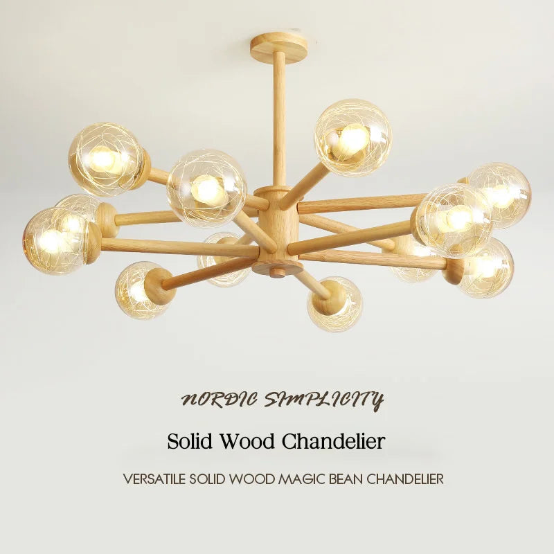 lustre moderne en bois avec abat-jour en verre pour décoration maison