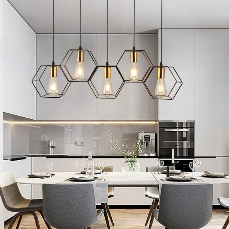 Modern creative LED chandelier with geometric metal frame