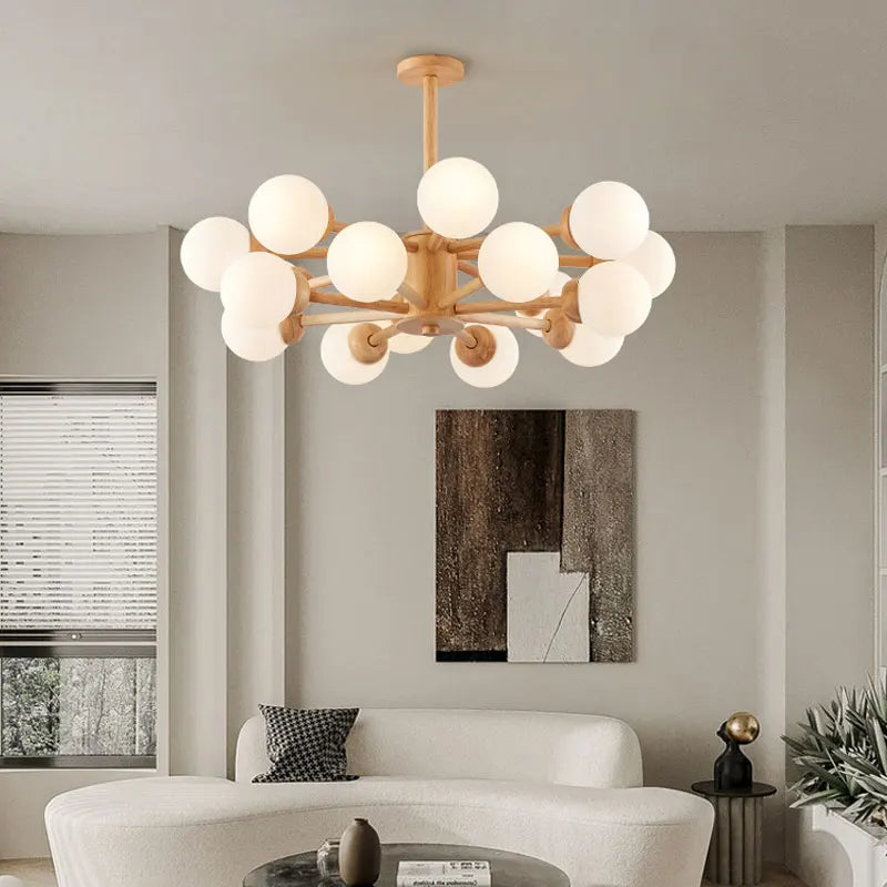 lustre en bois nordique avec boule de verre décorative