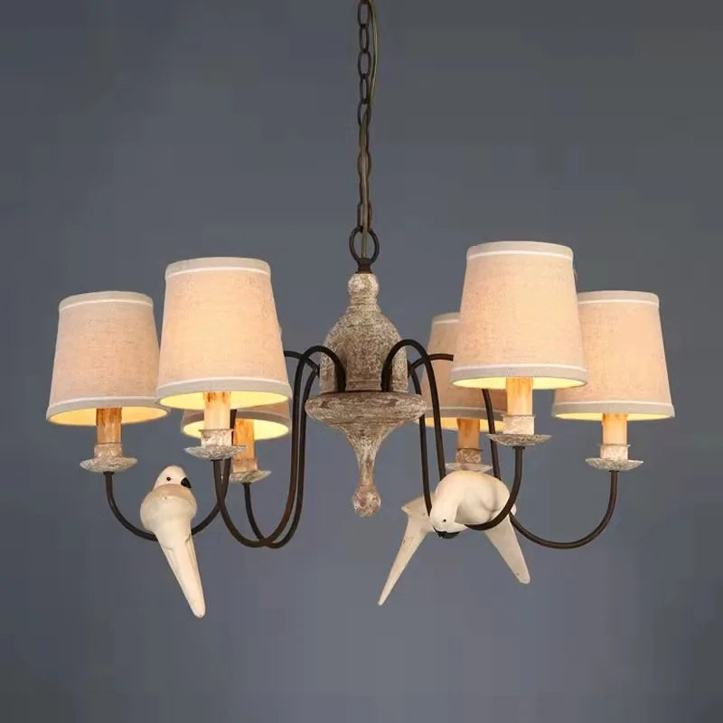 American vintage wooden chandelier with fabric birds