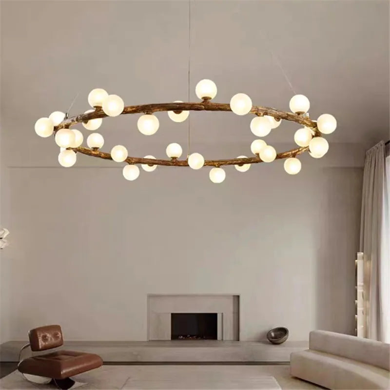 Nordic wooden chandelier with personality ring and milky glass
