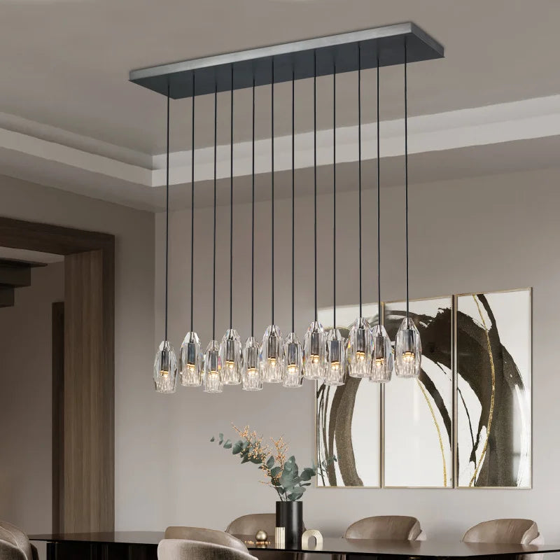 Rectangular post-modern luxury crystal and copper chandelier