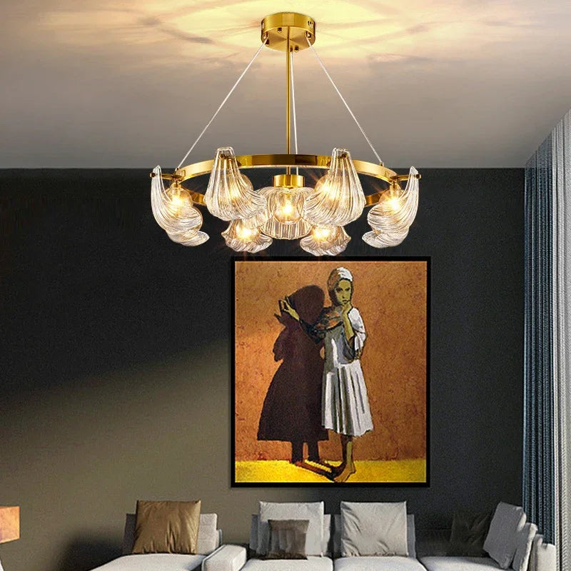 lustre de luxe en verre de coquille avec lampes led créatives