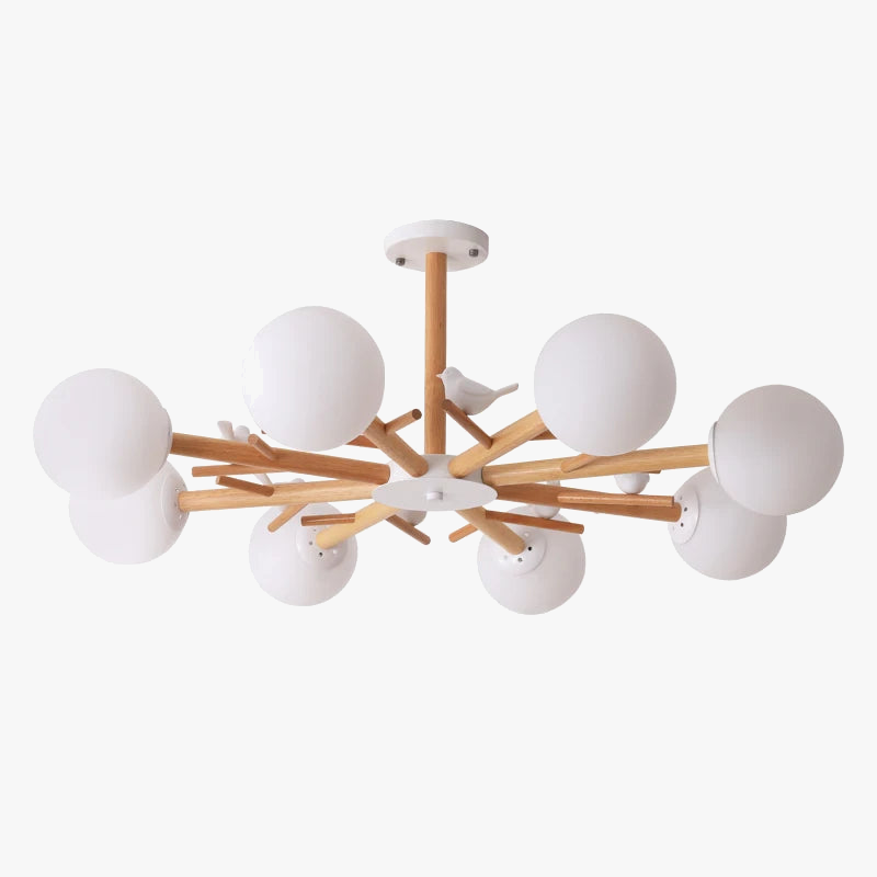 lustre en bois naturel avec abat-jour rond en verre moderne