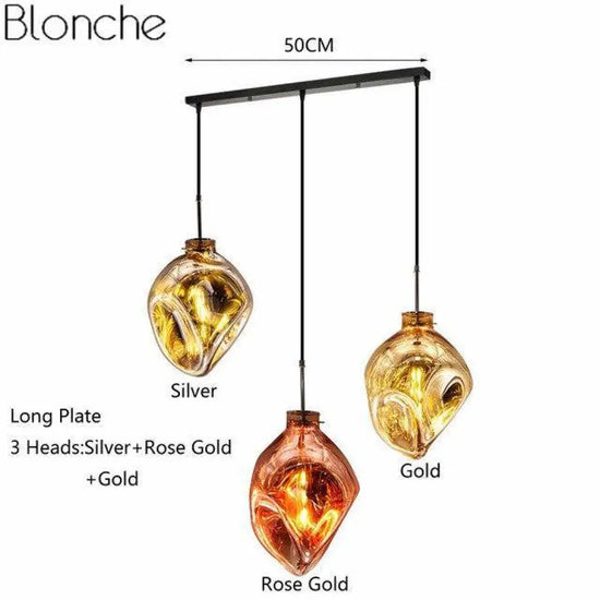 Suspension Led Verre Coloré Déformé Doré & Orange - 3 Lampes Base Longue Luminaire Doré