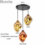Suspension Led Verre Coloré Déformé Doré & Orange - 3 Lampes Base Ronde Luminaire Doré