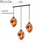 Suspension Led Verre Coloré Déformé Orange - 3 Lampes Base Longue Luminaire Doré