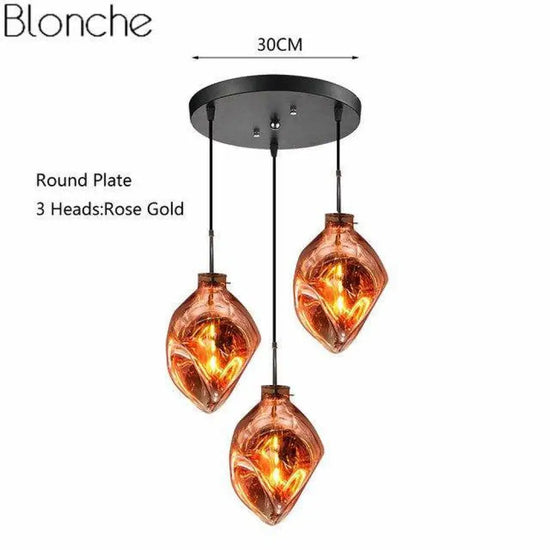 Suspension Led Verre Coloré Déformé Orange - 3 Lampes Base Ronde Luminaire Doré